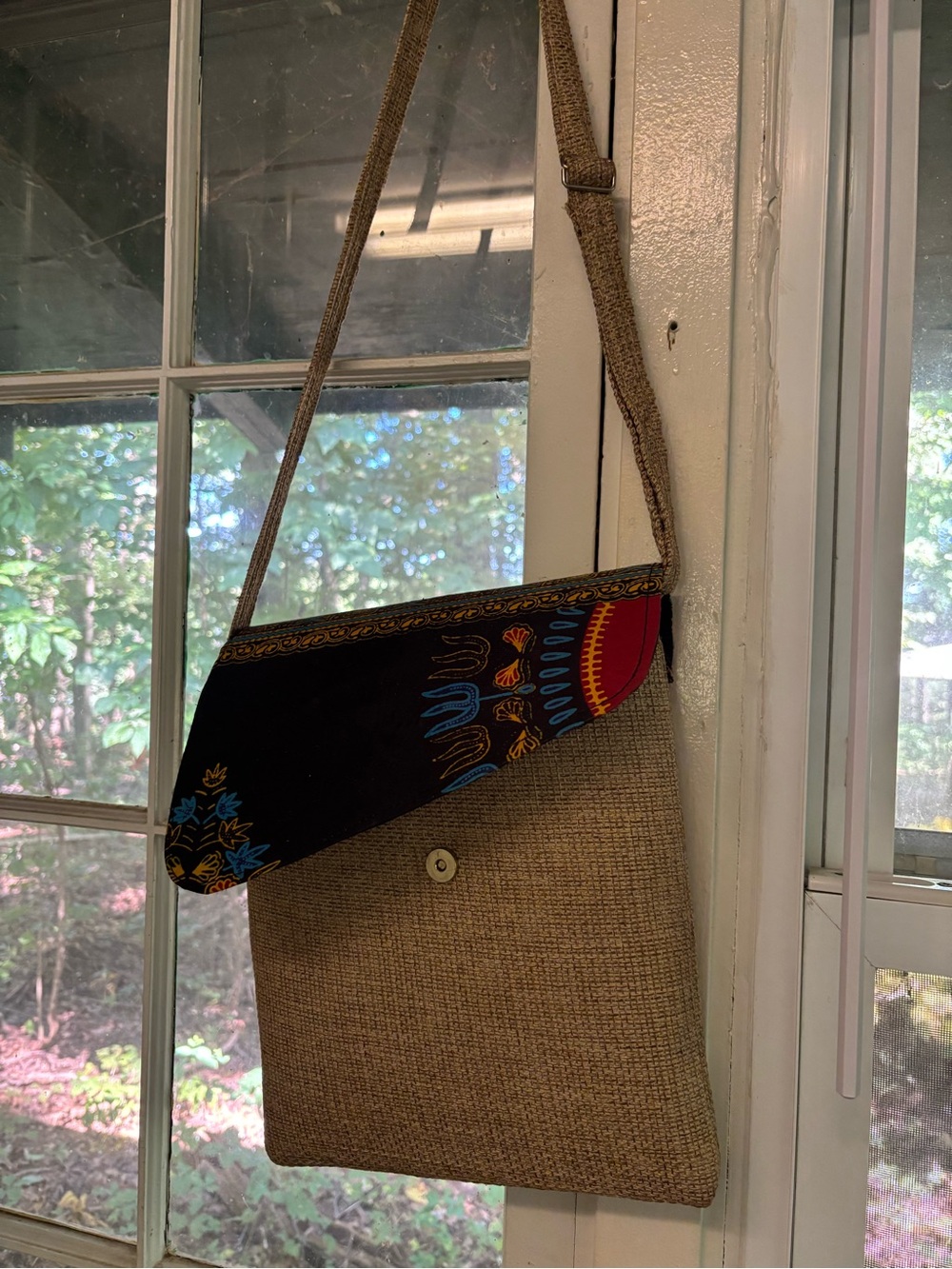 Wicker Tan Crossbody with Black Patterned Flap